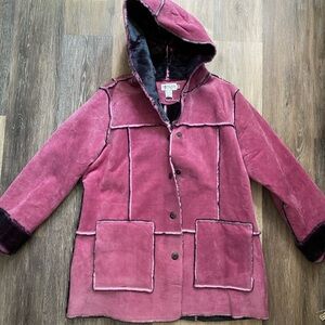 Vintage Newport News Pink Women's Leather Faux Fur Lined Hooded Winter Coat 1X